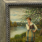 Original Hand Painted Vintage Figure Painting, Woman by the River Countryside Scene - Vintage Oil Painting - Arden Gallery