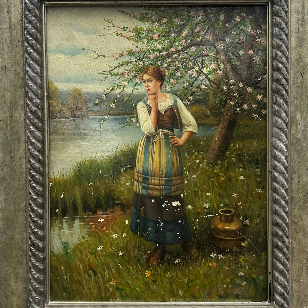 Original Hand Painted Vintage Figure Painting, Woman by the River Countryside Scene - Vintage Oil Painting - Arden Gallery