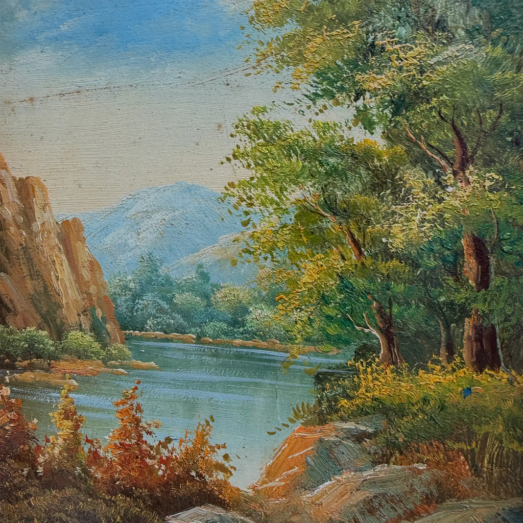 Original Hudson River School Style Landscape Oil Painting, Antique Framed Lake Art for Cabin Decor - Vintage Oil Painting - Arden Gallery