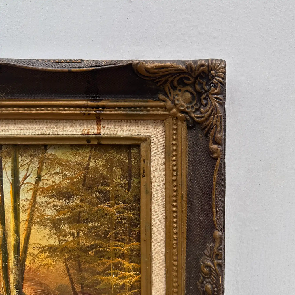 Original Oil Painting – Classical European Forest Stream Landscape, Hand-Painted on Wood Panel with Antique Ornate Baroque Solid Wood Frame - Vintage Oil Painting - Arden Gallery