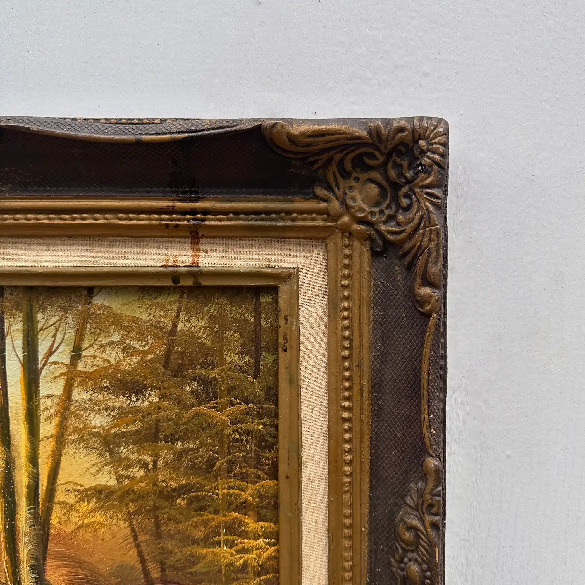 Original Oil Painting – Classical European Forest Stream Landscape, Hand-Painted on Wood Panel with Antique Ornate Baroque Solid Wood Frame - Vintage Oil Painting - Arden Gallery