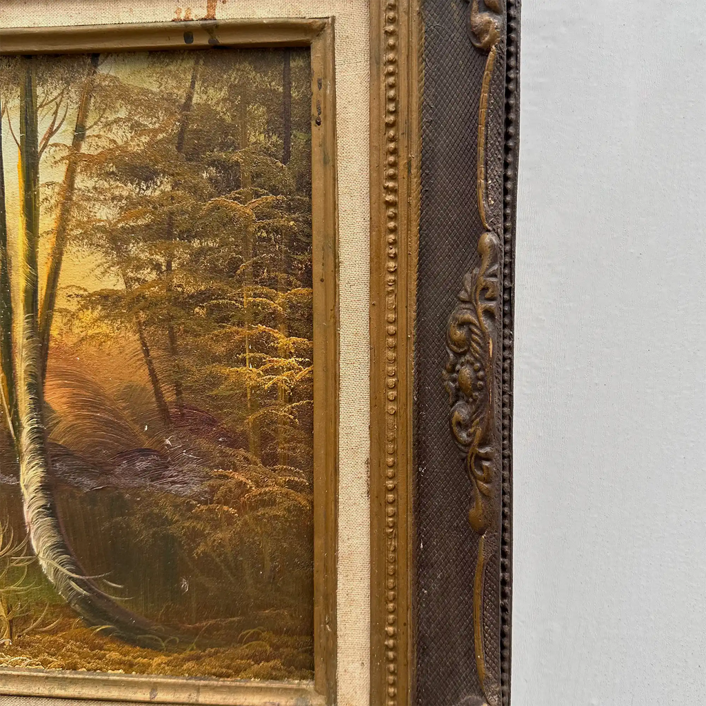 Original Oil Painting – Classical European Forest Stream Landscape, Hand-Painted on Wood Panel with Antique Ornate Baroque Solid Wood Frame - Vintage Oil Painting - Arden Gallery
