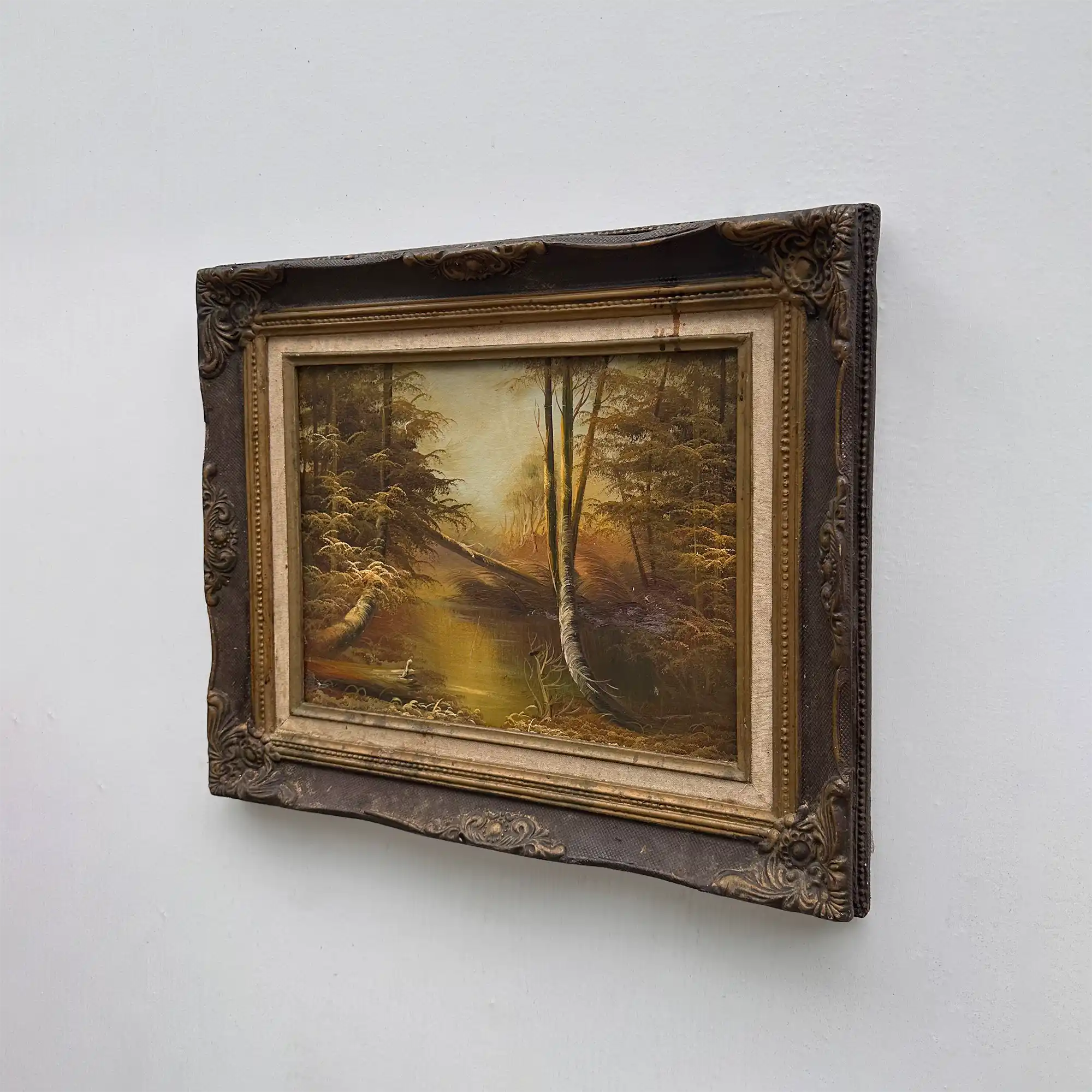 Original Oil Painting – Classical European Forest Stream Landscape, Hand-Painted on Wood Panel with Antique Ornate Baroque Solid Wood Frame - Vintage Oil Painting - Arden Gallery