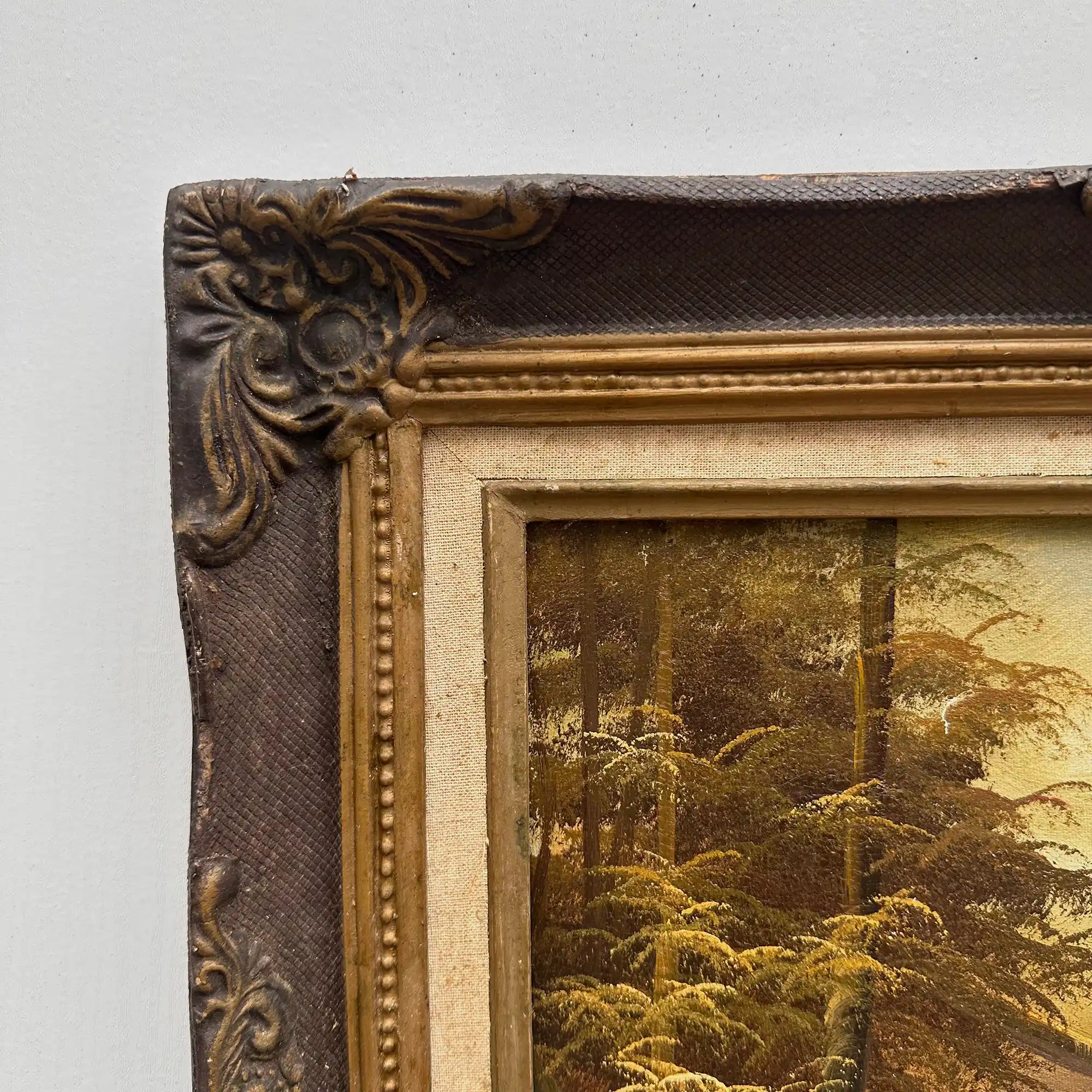 Original Oil Painting – Classical European Forest Stream Landscape, Hand-Painted on Wood Panel with Antique Ornate Baroque Solid Wood Frame - Vintage Oil Painting - Arden Gallery