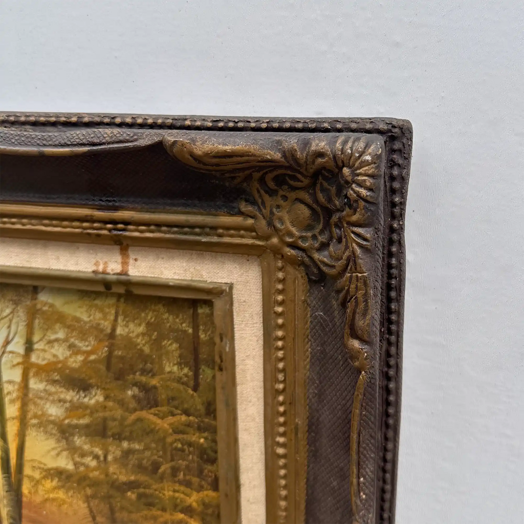 Original Oil Painting – Classical European Forest Stream Landscape, Hand-Painted on Wood Panel with Antique Ornate Baroque Solid Wood Frame - Vintage Oil Painting - Arden Gallery