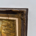 Original Oil Painting – Classical European Forest Stream Landscape, Hand-Painted on Wood Panel with Antique Ornate Baroque Solid Wood Frame - Vintage Oil Painting - Arden Gallery