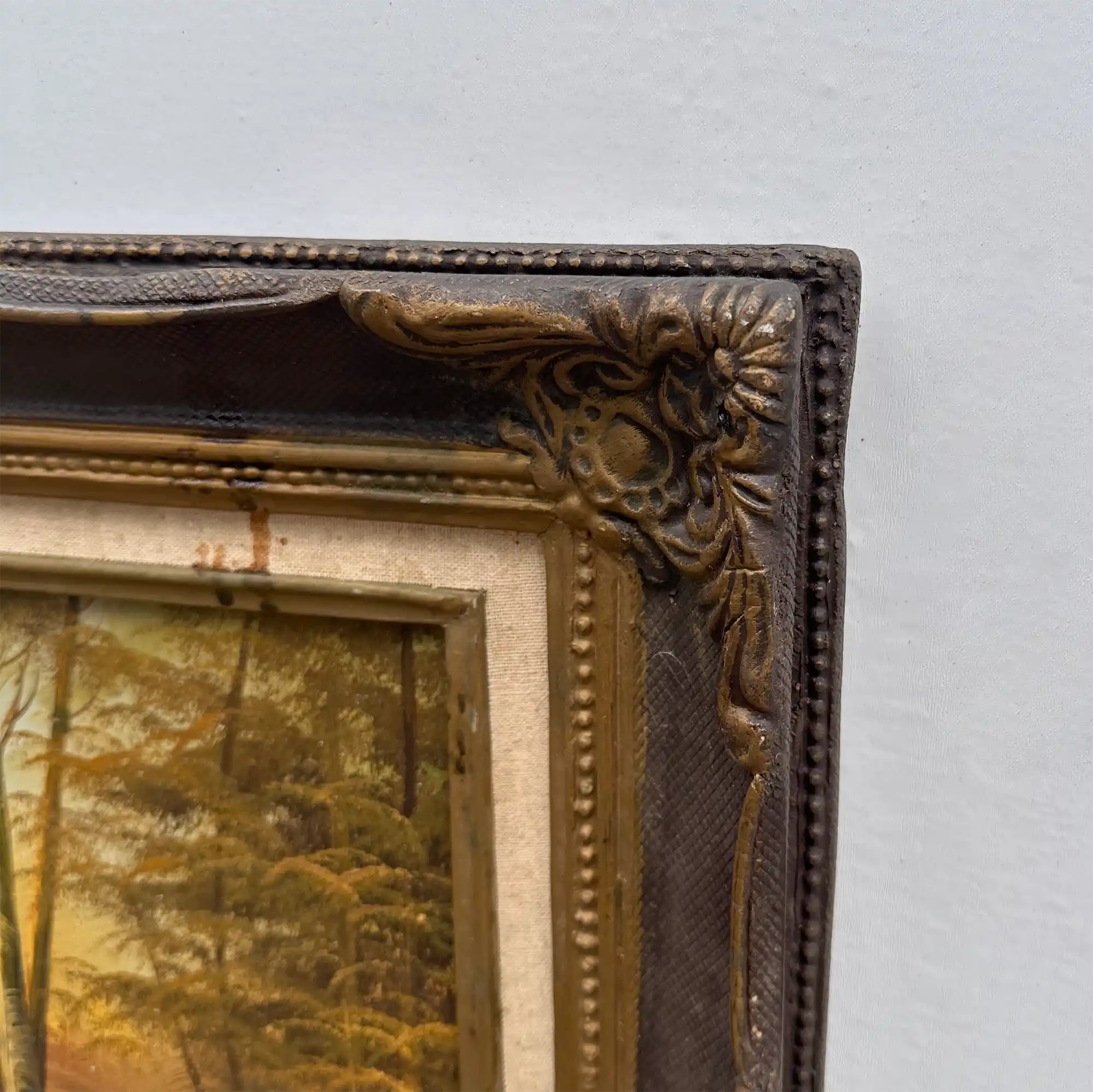 Original Oil Painting – Classical European Forest Stream Landscape, Hand-Painted on Wood Panel with Antique Ornate Baroque Solid Wood Frame - Vintage Oil Painting - Arden Gallery