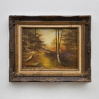 Original Oil Painting – Classical European Forest Stream Landscape, Hand-Painted on Wood Panel with Antique Ornate Baroque Solid Wood Frame - Vintage Oil Painting - Arden Gallery