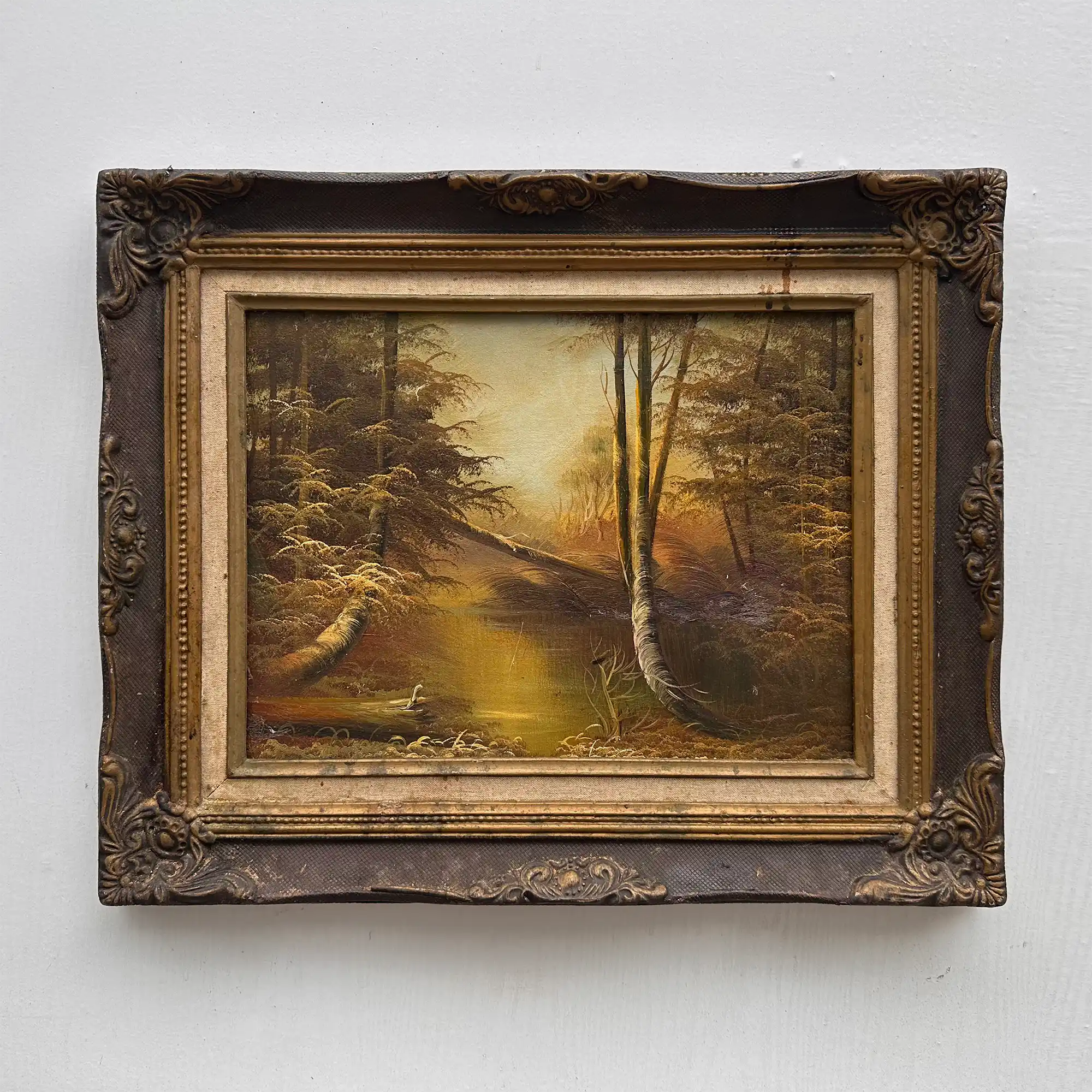 Original Oil Painting – Classical European Forest Stream Landscape, Hand-Painted on Wood Panel with Antique Ornate Baroque Solid Wood Frame - Vintage Oil Painting - Arden Gallery