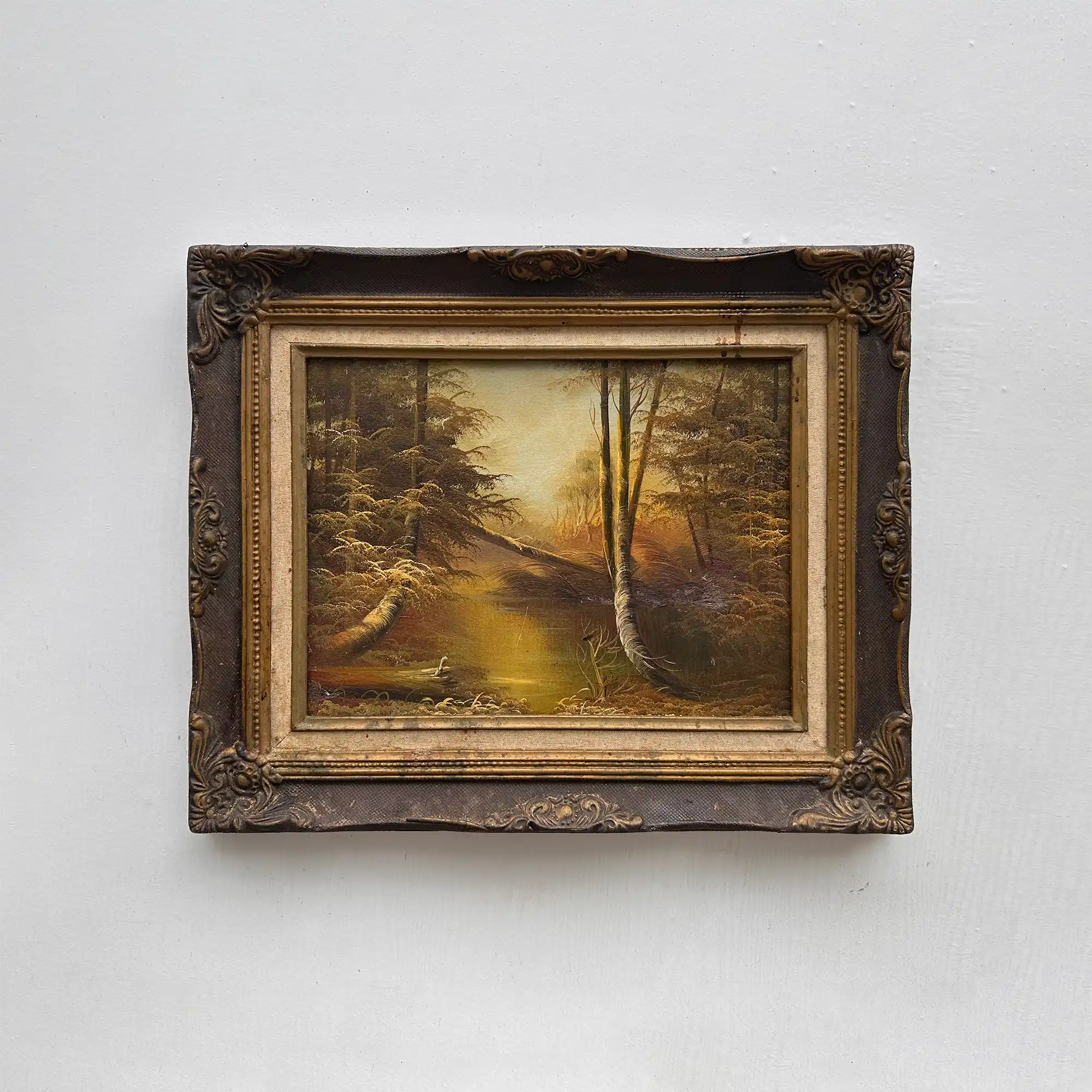 Original Oil Painting – Classical European Forest Stream Landscape, Hand-Painted on Wood Panel with Antique Ornate Baroque Solid Wood Frame - Vintage Oil Painting - Arden Gallery