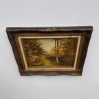 Original Oil Painting – Classical European Forest Stream Landscape, Hand-Painted on Wood Panel with Antique Ornate Baroque Solid Wood Frame - Vintage Oil Painting - Arden Gallery