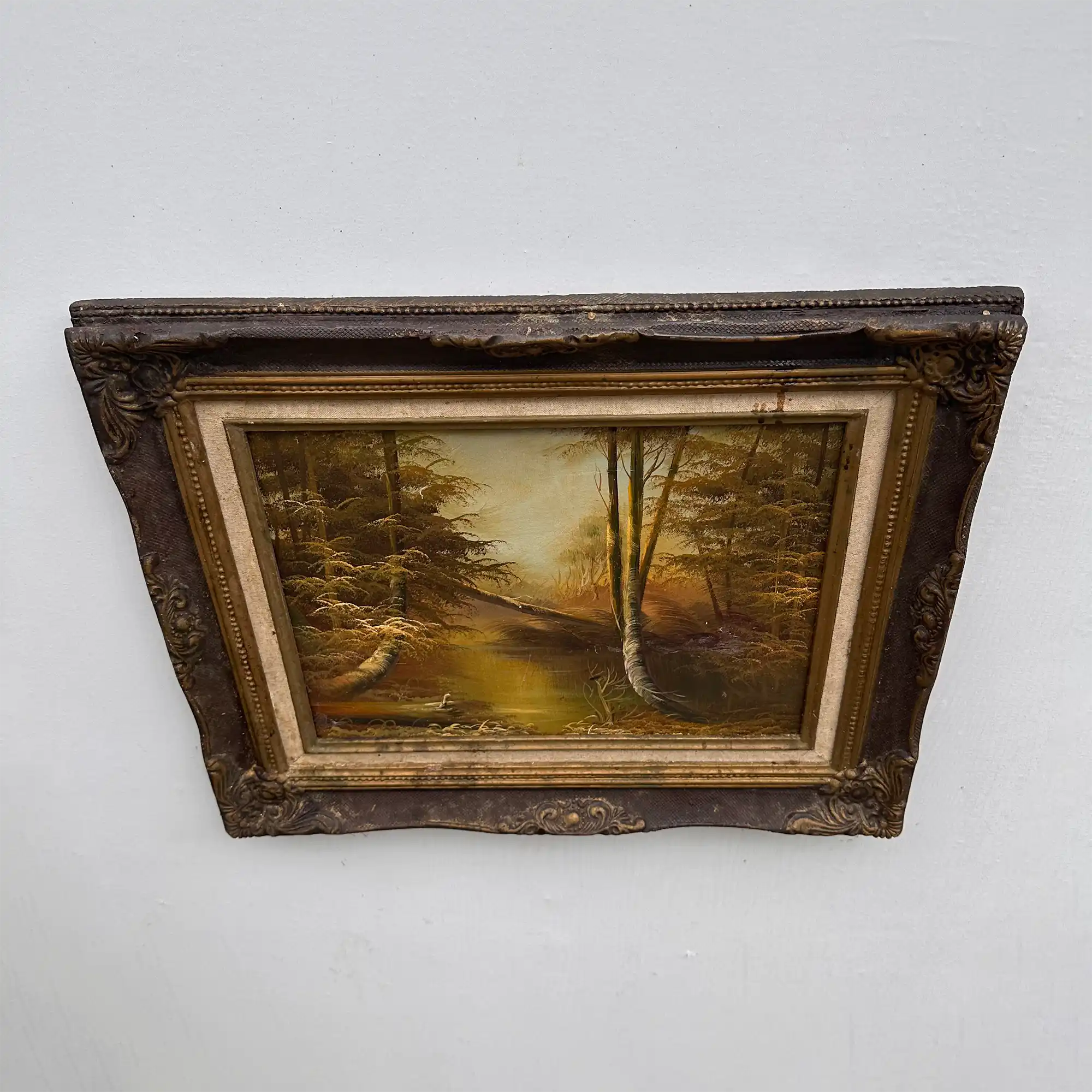 Original Oil Painting – Classical European Forest Stream Landscape, Hand-Painted on Wood Panel with Antique Ornate Baroque Solid Wood Frame - Vintage Oil Painting - Arden Gallery