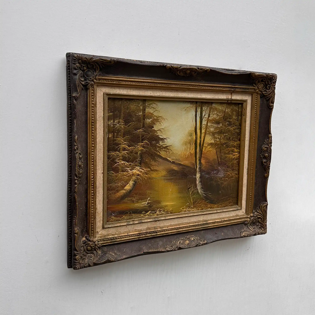 Original Oil Painting – Classical European Forest Stream Landscape, Hand-Painted on Wood Panel with Antique Ornate Baroque Solid Wood Frame - Vintage Oil Painting - Arden Gallery