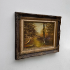 Original Oil Painting – Classical European Forest Stream Landscape, Hand-Painted on Wood Panel with Antique Ornate Baroque Solid Wood Frame - Vintage Oil Painting - Arden Gallery