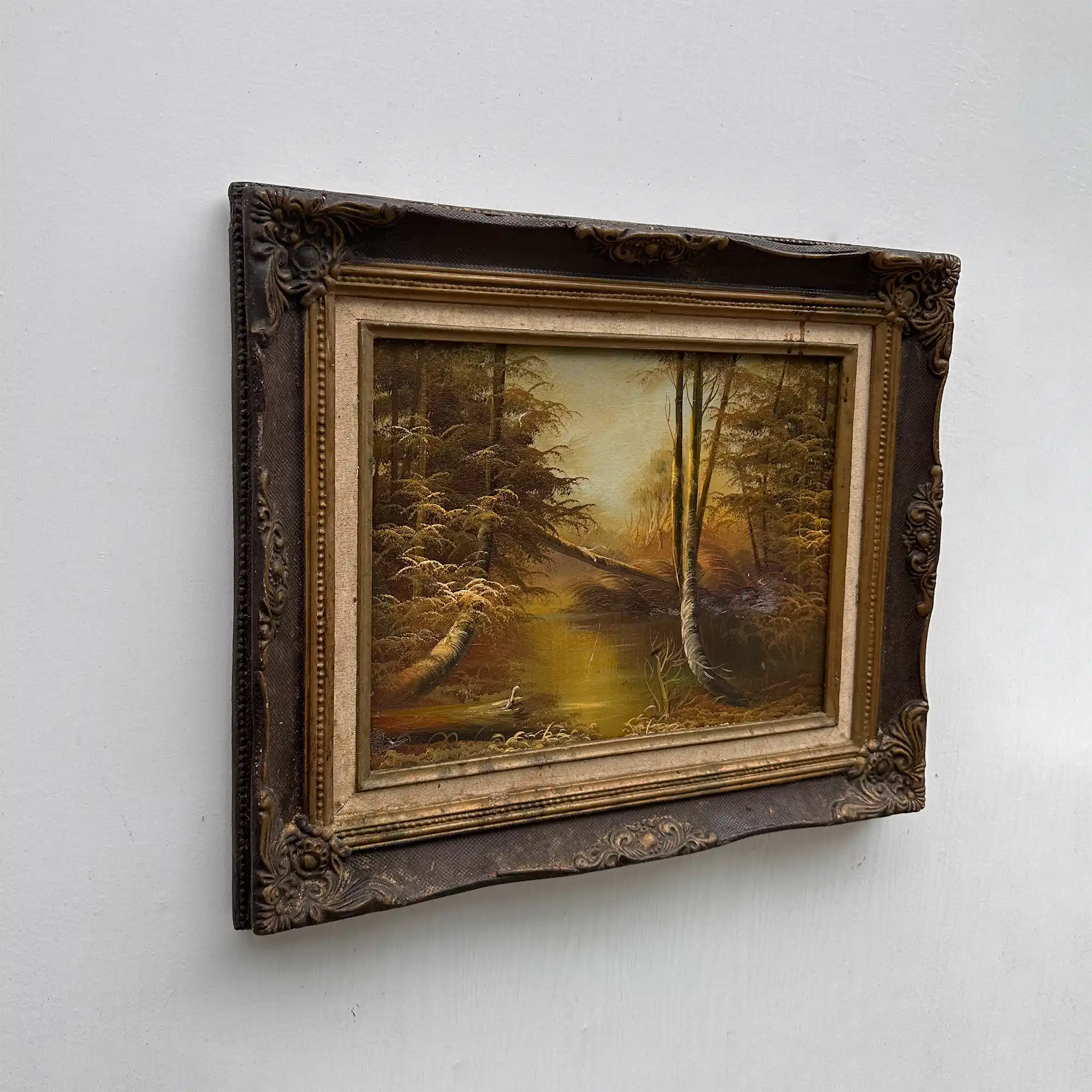 Original Oil Painting – Classical European Forest Stream Landscape, Hand-Painted on Wood Panel with Antique Ornate Baroque Solid Wood Frame - Vintage Oil Painting - Arden Gallery