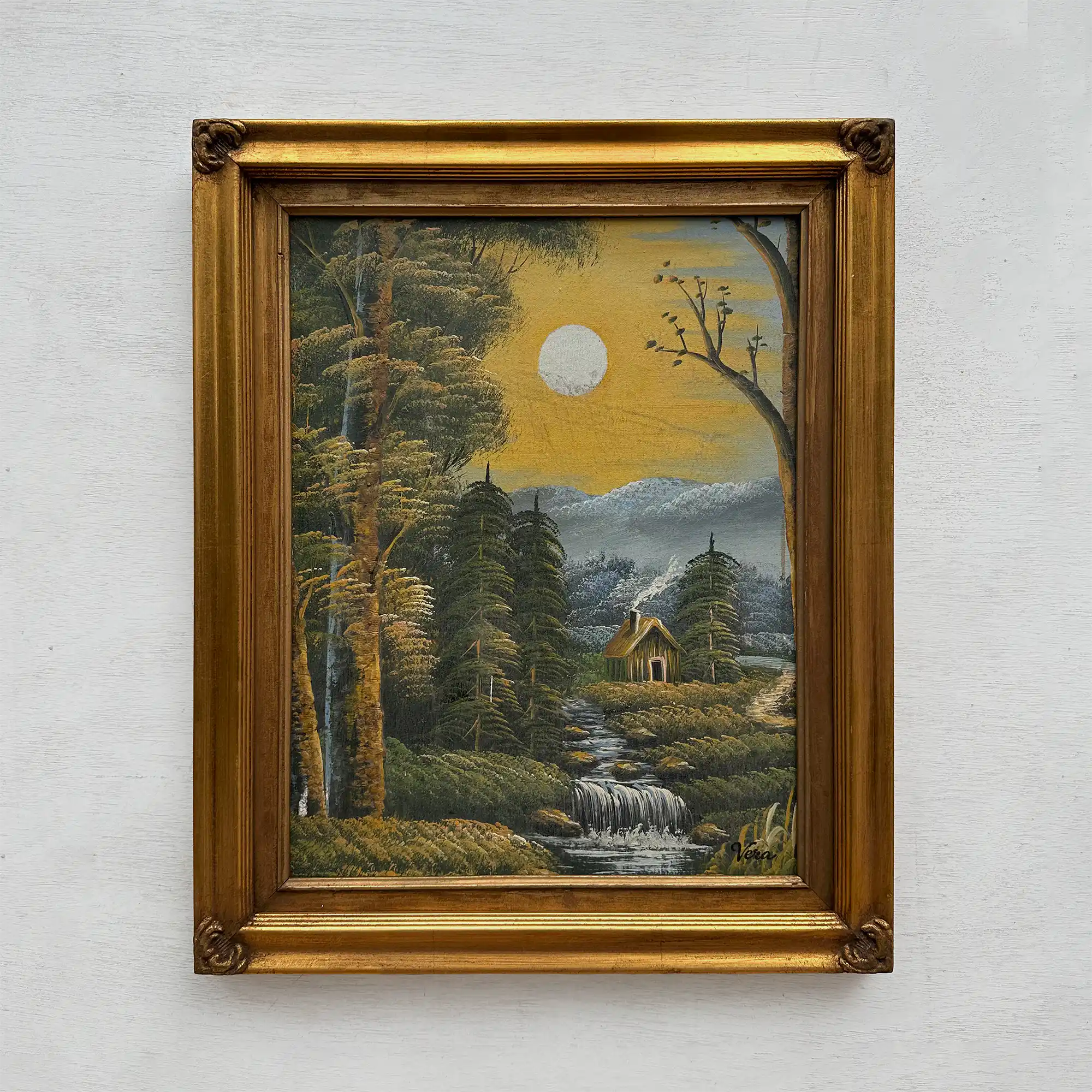 Original Oil Painting, Vintage Forest Cabin Landscape, Handmade Rustic Artwork 46×56 cm - Vintage Oil Painting - Arden Gallery