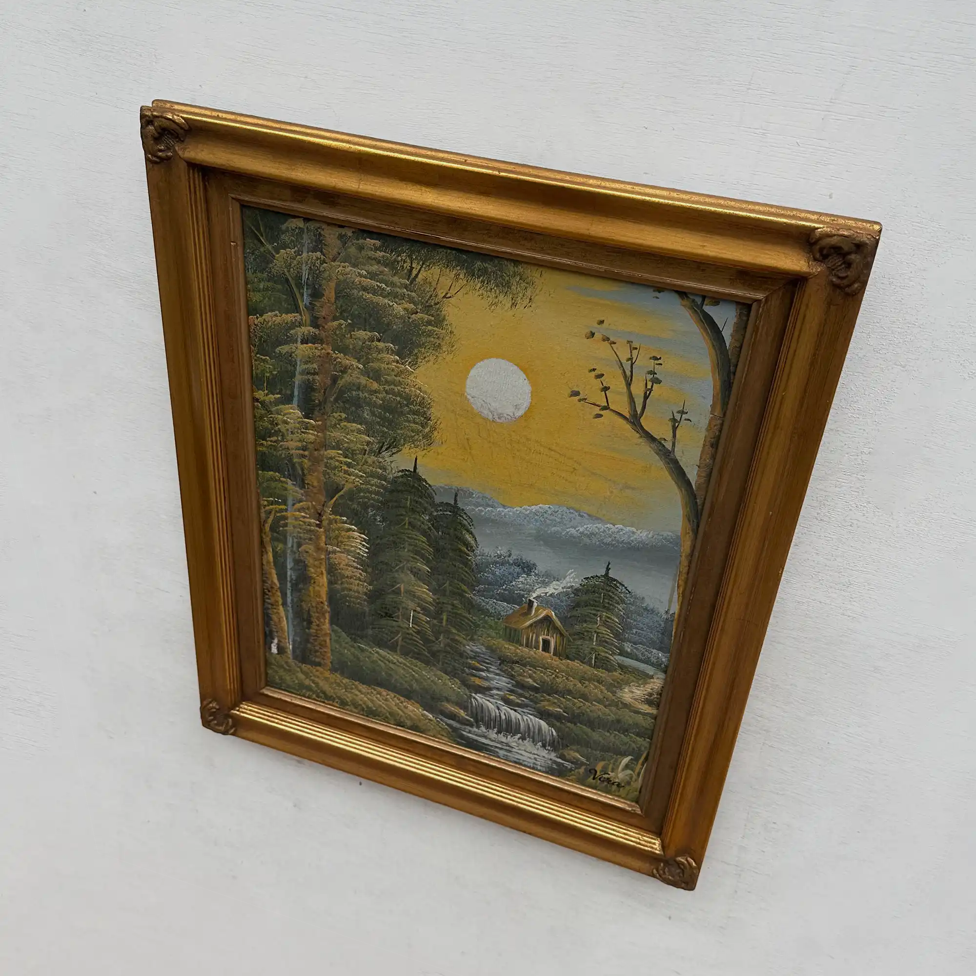 Original Oil Painting, Vintage Forest Cabin Landscape, Handmade Rustic Artwork 46×56 cm - Vintage Oil Painting - Arden Gallery