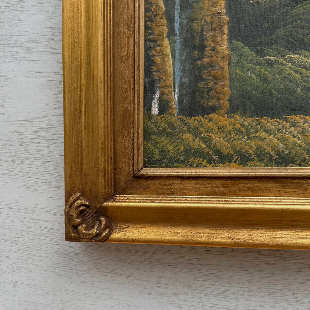 Original Oil Painting, Vintage Forest Cabin Landscape, Handmade Rustic Artwork 46×56 cm - Vintage Oil Painting - Arden Gallery