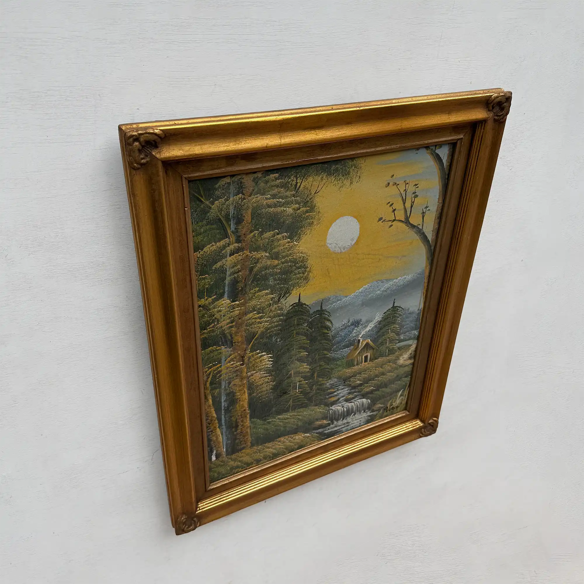 Original Oil Painting, Vintage Forest Cabin Landscape, Handmade Rustic Artwork 46×56 cm - Vintage Oil Painting - Arden Gallery