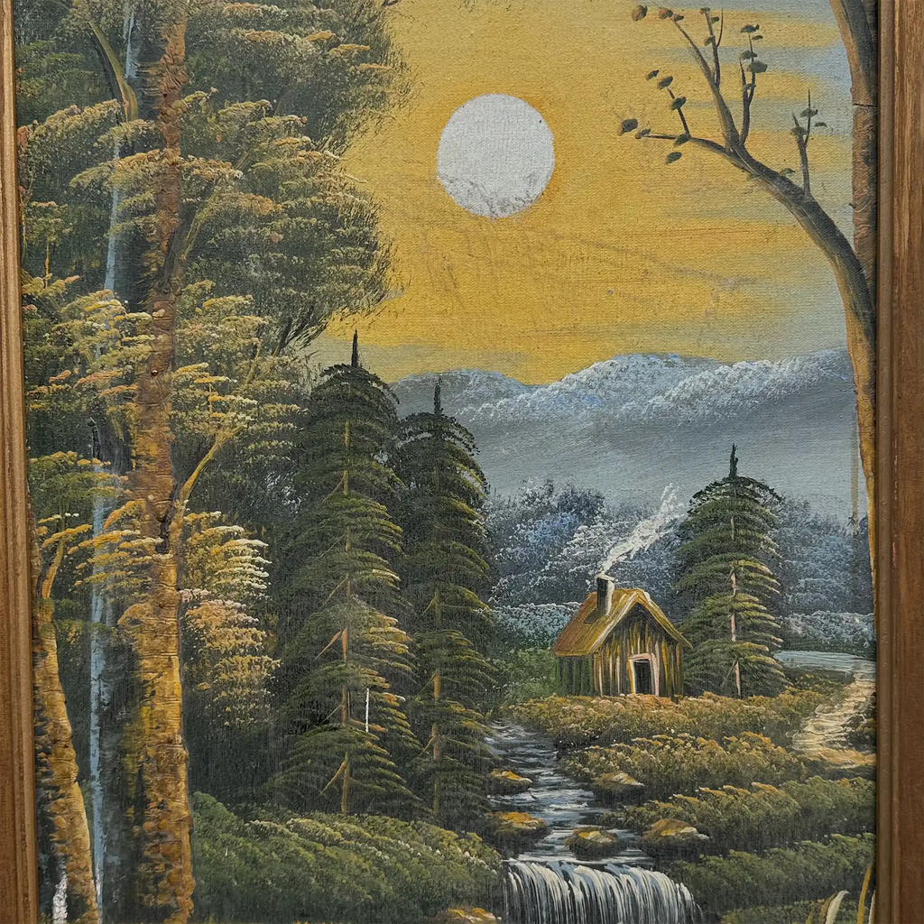 Original Oil Painting, Vintage Forest Cabin Landscape, Handmade Rustic Artwork 46×56 cm - Vintage Oil Painting - Arden Gallery