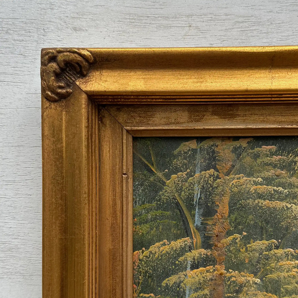 Original Oil Painting, Vintage Forest Cabin Landscape, Handmade Rustic Artwork 46×56 cm - Vintage Oil Painting - Arden Gallery