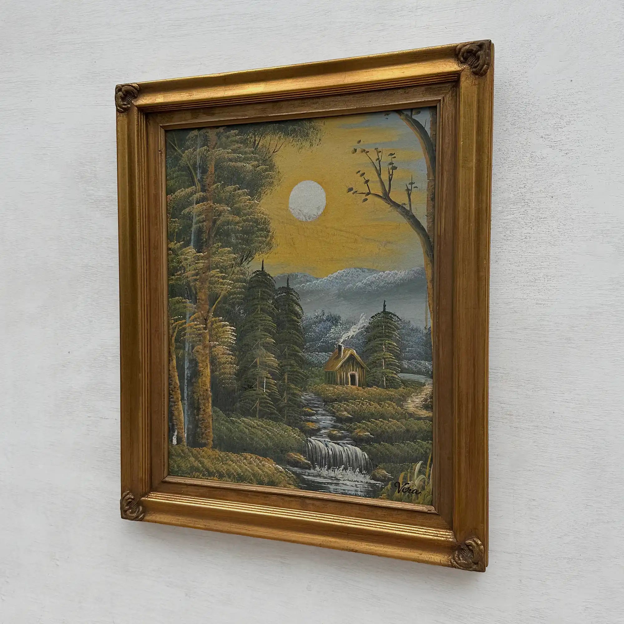 Original Oil Painting, Vintage Forest Cabin Landscape, Handmade Rustic Artwork 46×56 cm - Vintage Oil Painting - Arden Gallery
