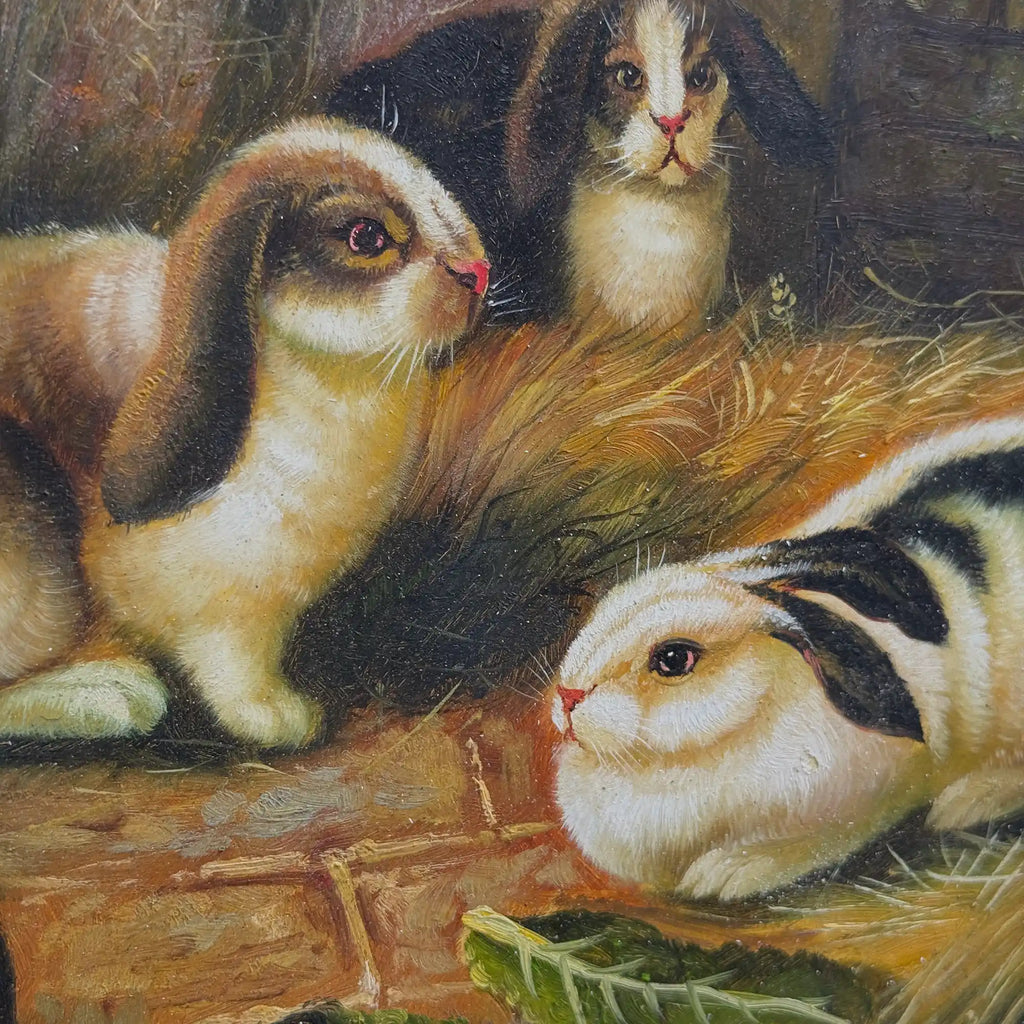 Original Rabbit Oil Painting, Vintage Bunny Art, One of a Kind European Animal Painting, Framed Oil on Board Rustic Wall Decor - Vintage Oil Painting - Arden Gallery