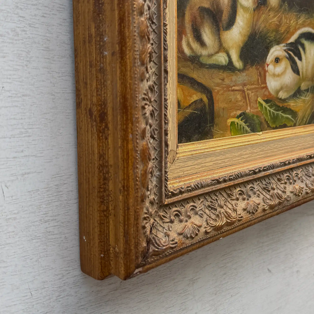 Original Rabbit Oil Painting, Vintage Bunny Art, One of a Kind European Animal Painting, Framed Oil on Board Rustic Wall Decor - Vintage Oil Painting - Arden Gallery