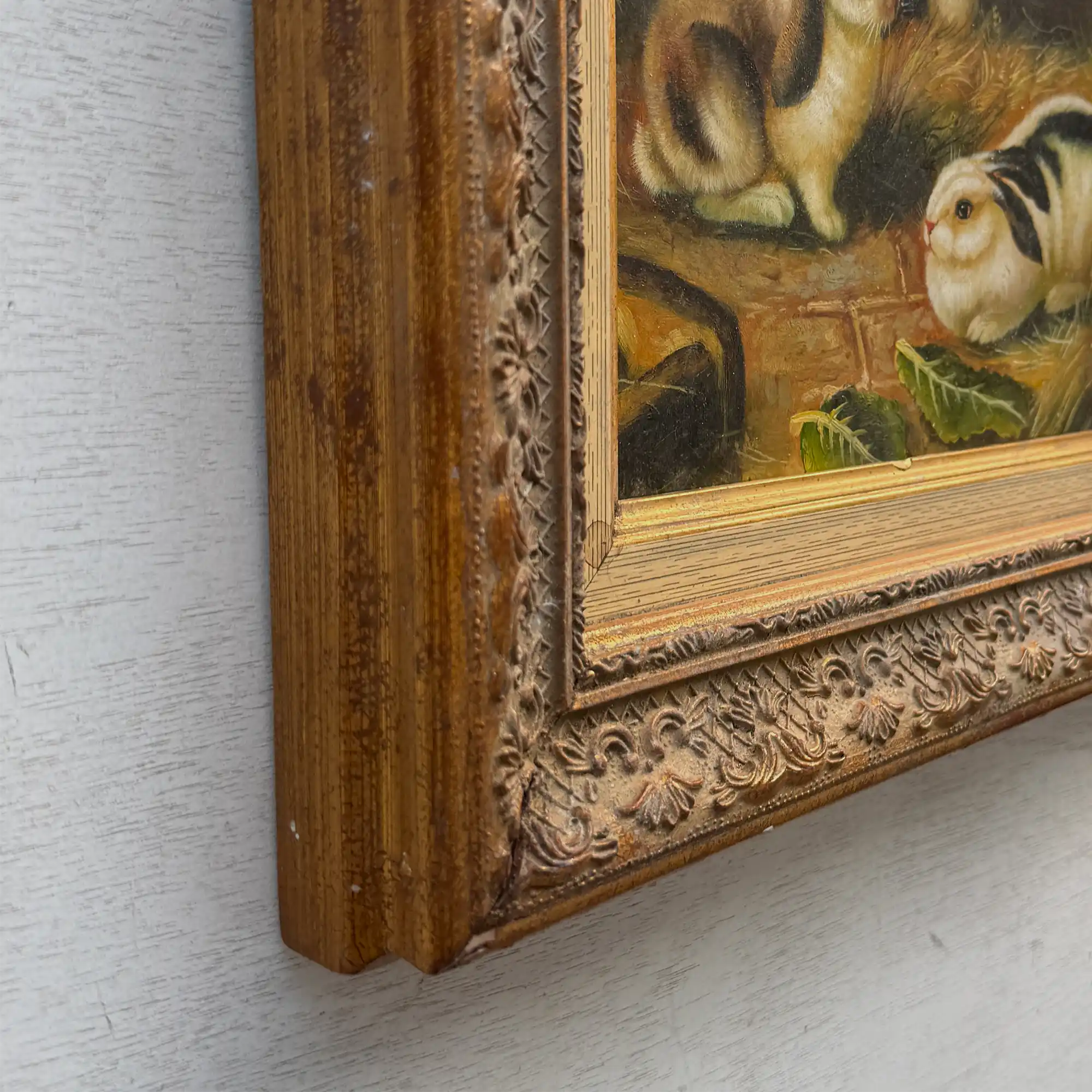 Original Rabbit Oil Painting, Vintage Bunny Art, One of a Kind European Animal Painting, Framed Oil on Board Rustic Wall Decor - Vintage Oil Painting - Arden Gallery
