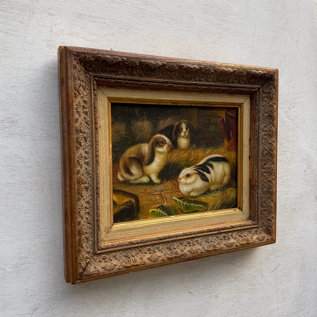 Original Rabbit Oil Painting, Vintage Bunny Art, One of a Kind European Animal Painting, Framed Oil on Board Rustic Wall Decor - Vintage Oil Painting - Arden Gallery