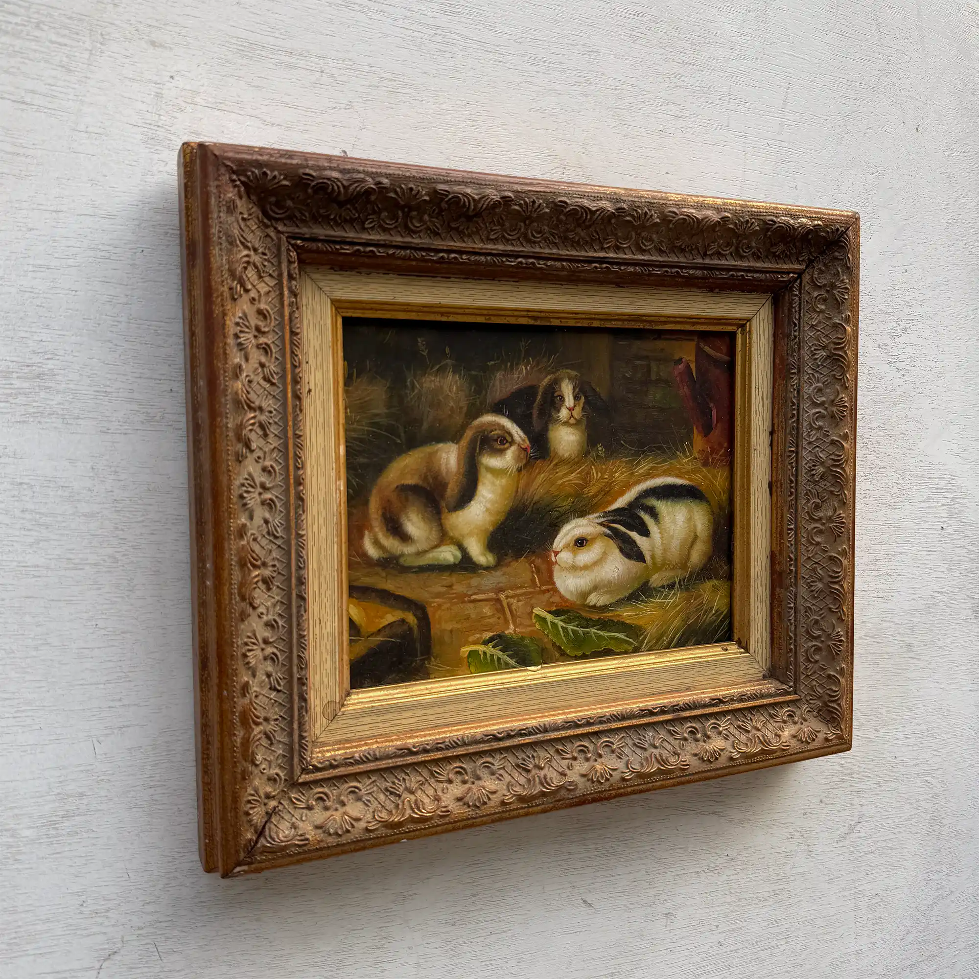 Original Rabbit Oil Painting, Vintage Bunny Art, One of a Kind European Animal Painting, Framed Oil on Board Rustic Wall Decor - Vintage Oil Painting - Arden Gallery