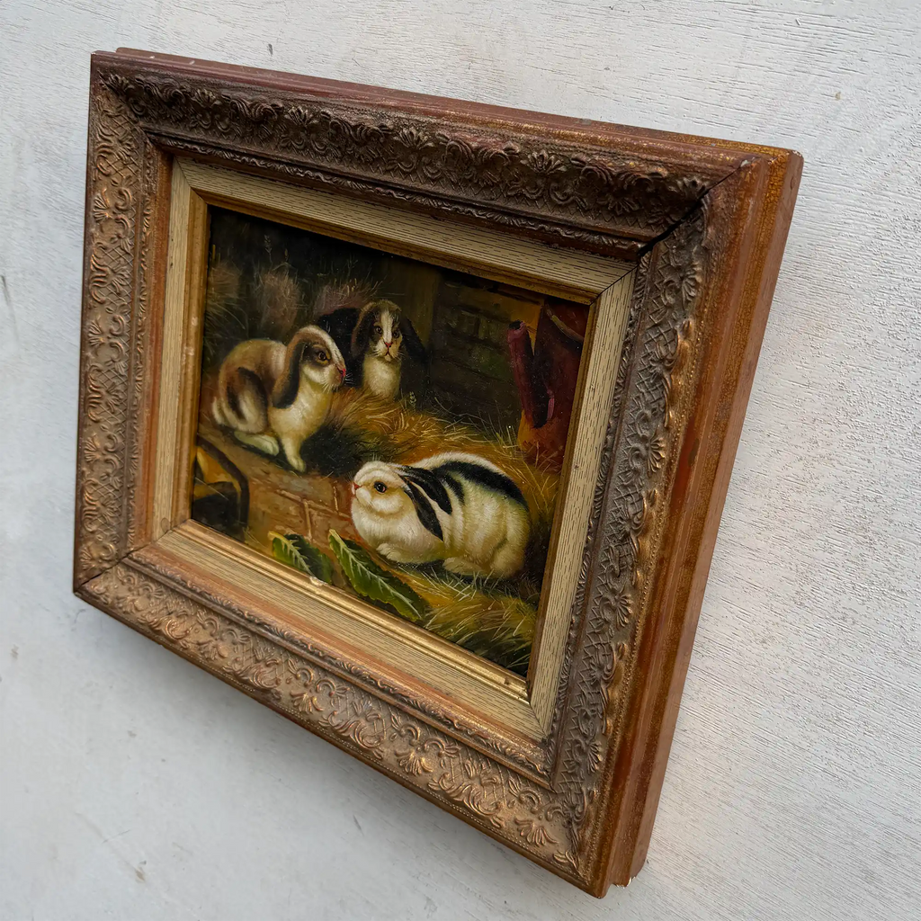 Original Rabbit Oil Painting, Vintage Bunny Art, One of a Kind European Animal Painting, Framed Oil on Board Rustic Wall Decor - Vintage Oil Painting - Arden Gallery