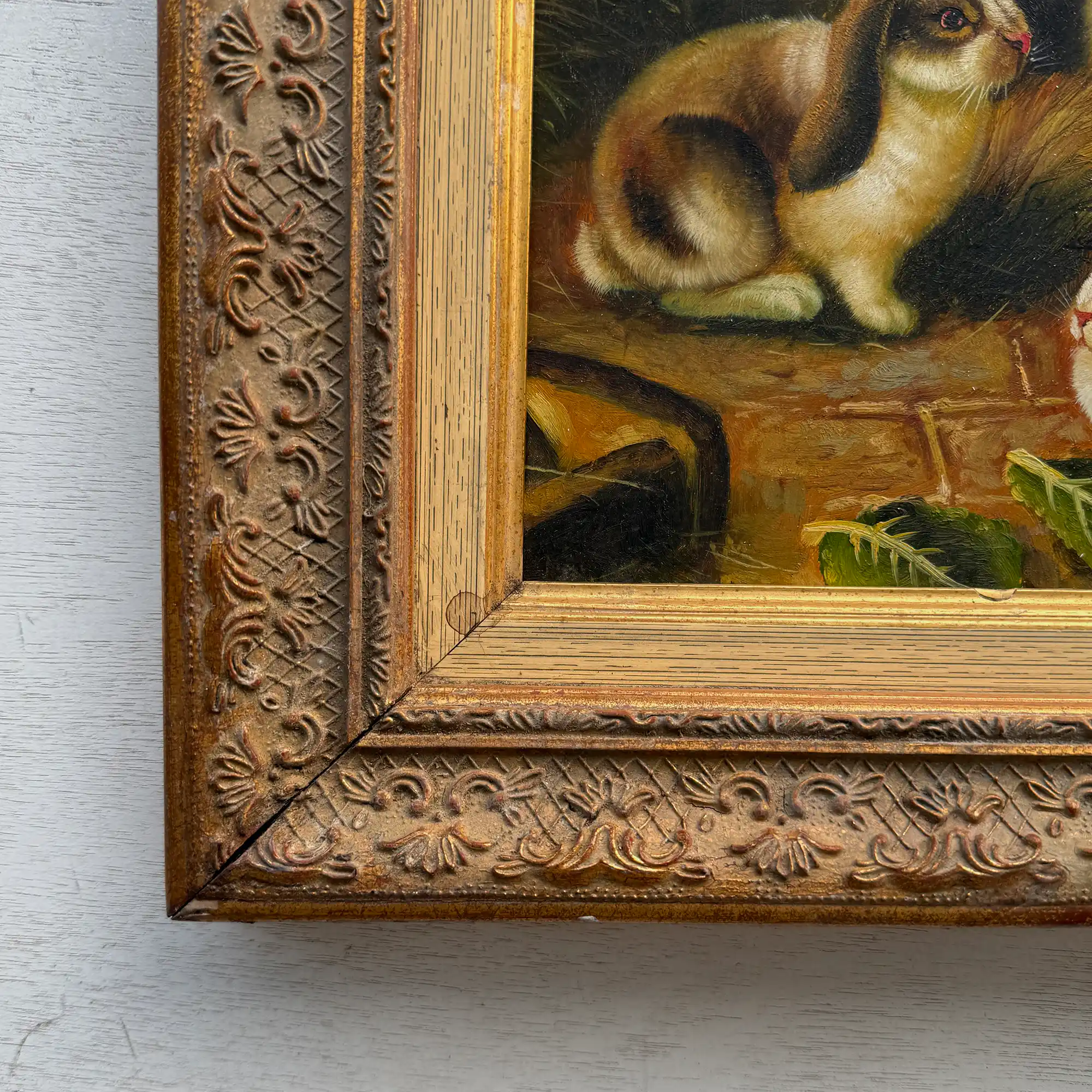 Original Rabbit Oil Painting, Vintage Bunny Art, One of a Kind European Animal Painting, Framed Oil on Board Rustic Wall Decor - Vintage Oil Painting - Arden Gallery