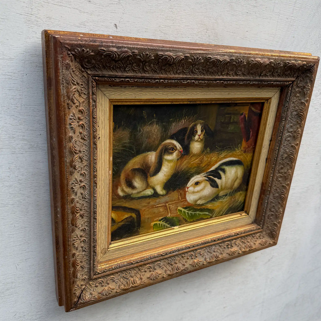 Original Rabbit Oil Painting, Vintage Bunny Art, One of a Kind European Animal Painting, Framed Oil on Board Rustic Wall Decor - Vintage Oil Painting - Arden Gallery
