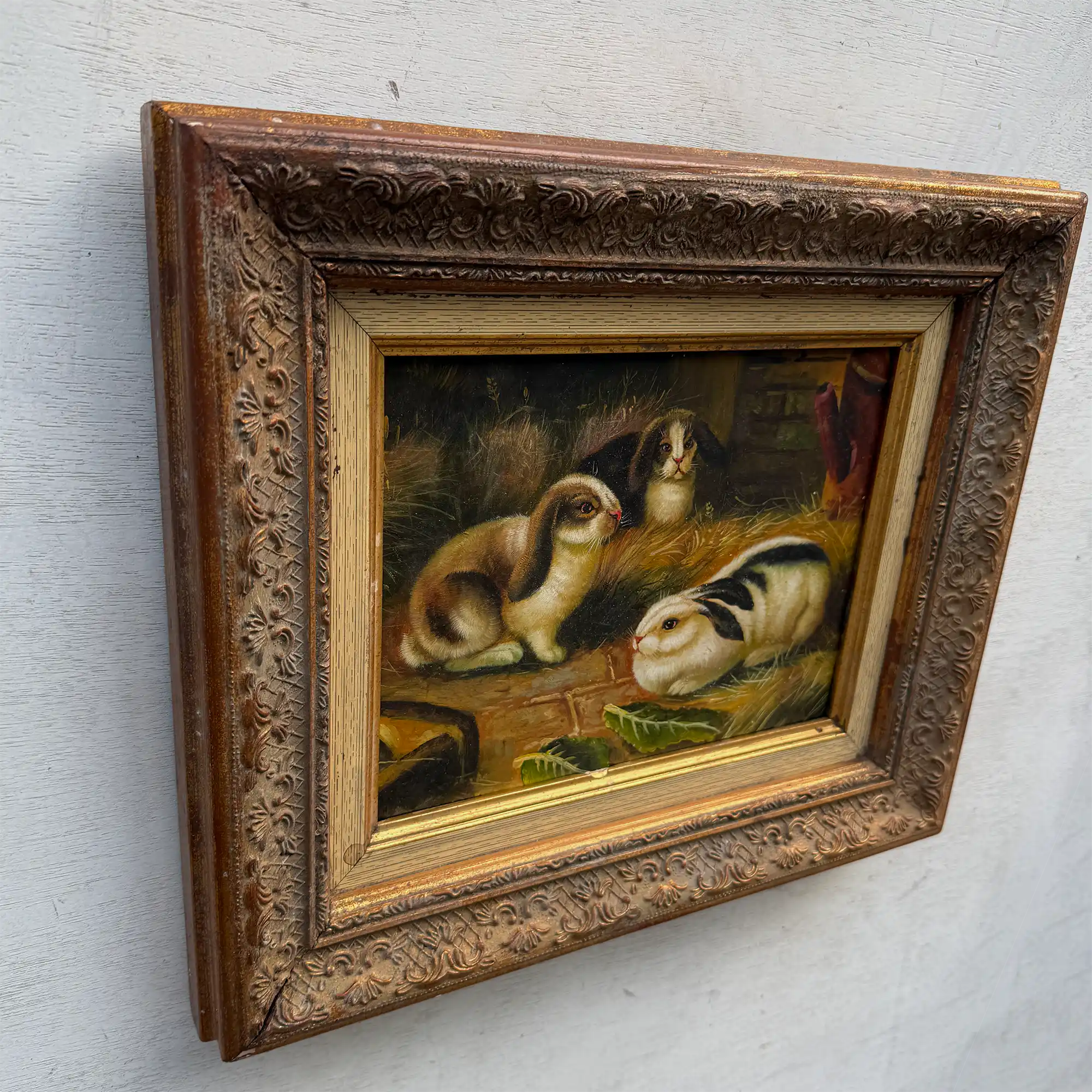 Original Rabbit Oil Painting, Vintage Bunny Art, One of a Kind European Animal Painting, Framed Oil on Board Rustic Wall Decor - Vintage Oil Painting - Arden Gallery