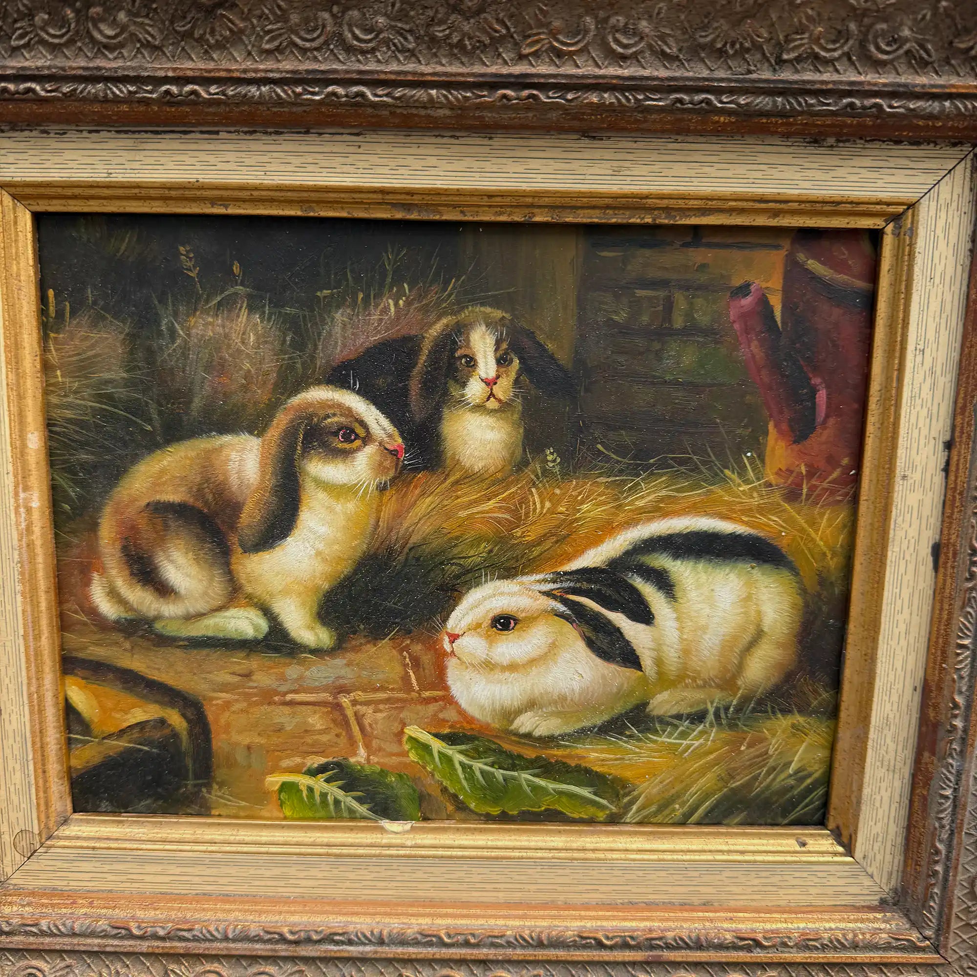 Original Rabbit Oil Painting, Vintage Bunny Art, One of a Kind European Animal Painting, Framed Oil on Board Rustic Wall Decor - Vintage Oil Painting - Arden Gallery