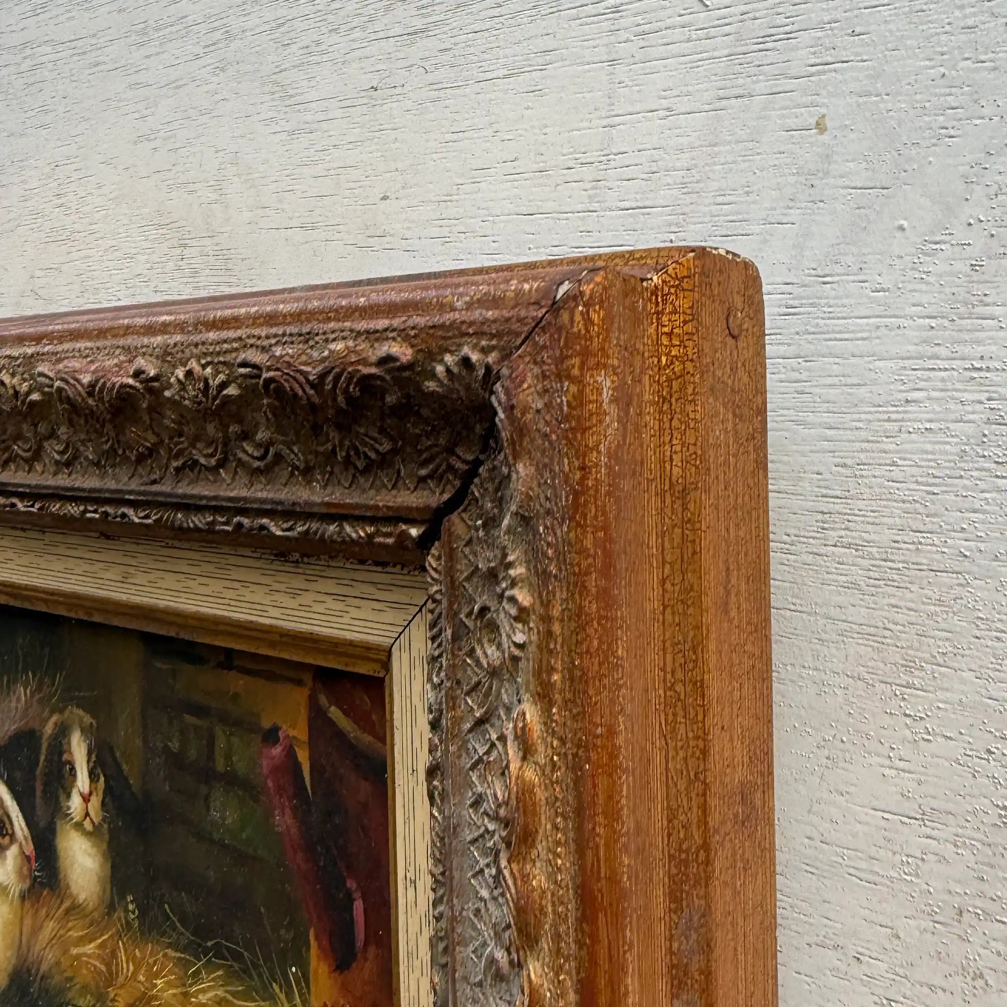 Original Rabbit Oil Painting, Vintage Bunny Art, One of a Kind European Animal Painting, Framed Oil on Board Rustic Wall Decor - Vintage Oil Painting - Arden Gallery