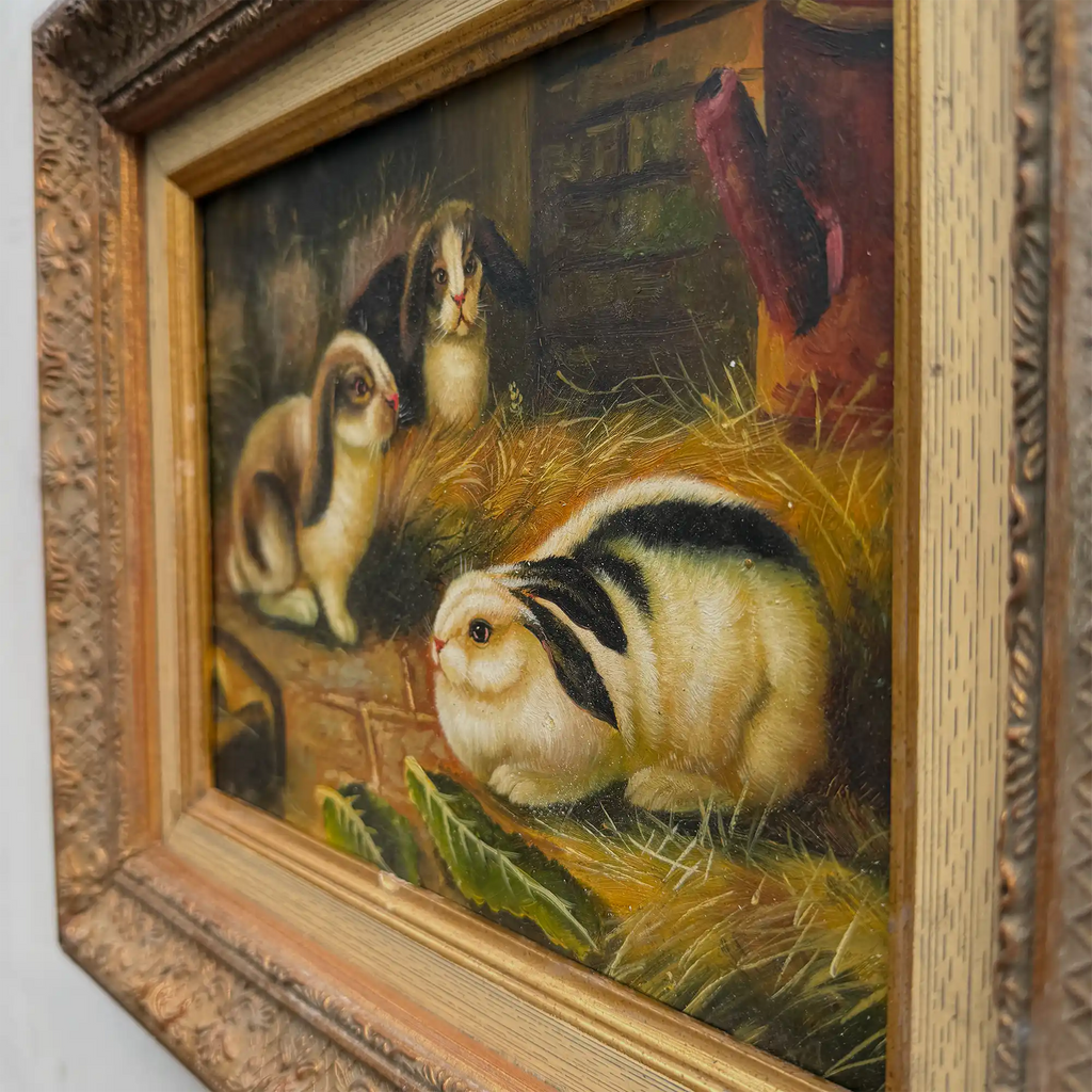 Original Rabbit Oil Painting, Vintage Bunny Art, One of a Kind European Animal Painting, Framed Oil on Board Rustic Wall Decor - Vintage Oil Painting - Arden Gallery
