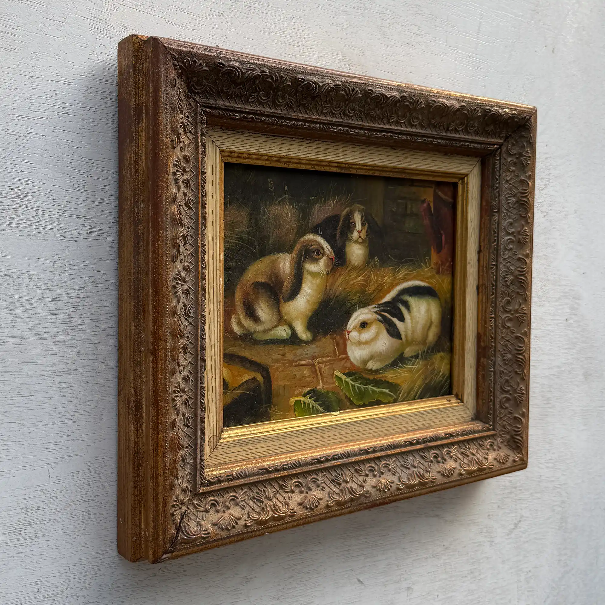 Original Rabbit Oil Painting, Vintage Bunny Art, One of a Kind European Animal Painting, Framed Oil on Board Rustic Wall Decor - Vintage Oil Painting - Arden Gallery