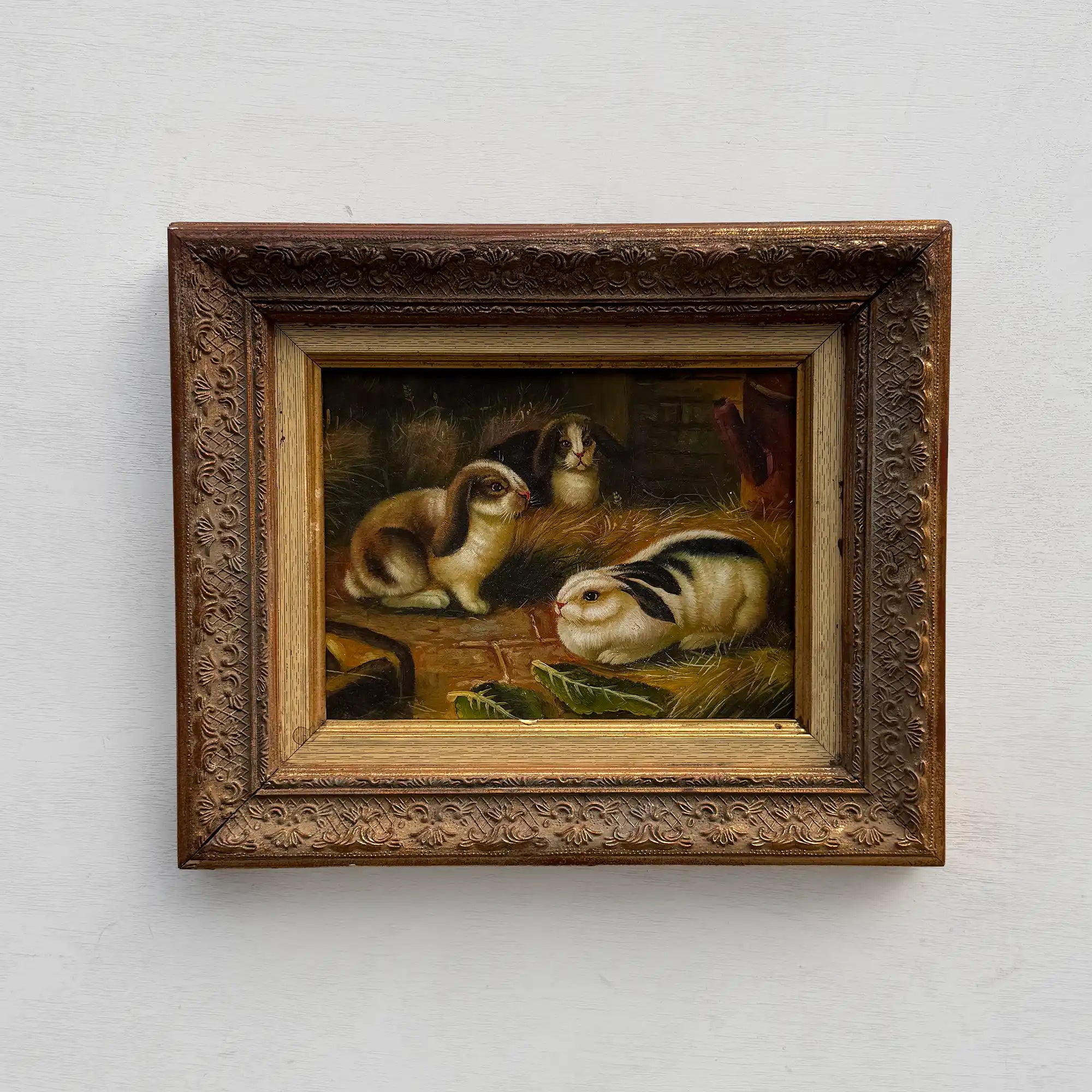Original Rabbit Oil Painting, Vintage Bunny Art, One of a Kind European Animal Painting, Framed Oil on Board Rustic Wall Decor - Vintage Oil Painting - Arden Gallery