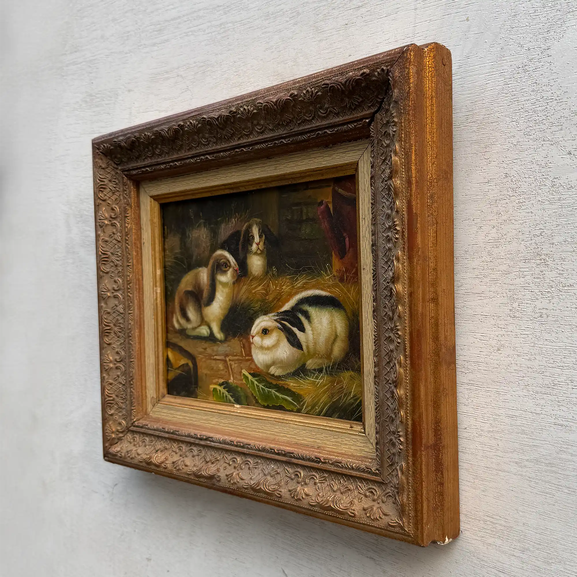Original Rabbit Oil Painting, Vintage Bunny Art, One of a Kind European Animal Painting, Framed Oil on Board Rustic Wall Decor - Vintage Oil Painting - Arden Gallery