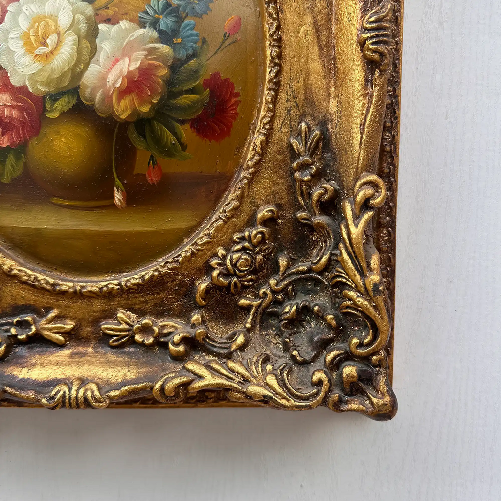 Original Rose Oil Painting, Oval Canvas with Ornate 3D Integrated Molding Baroque Gilded Frame - Vintage Oil Painting - Arden Gallery