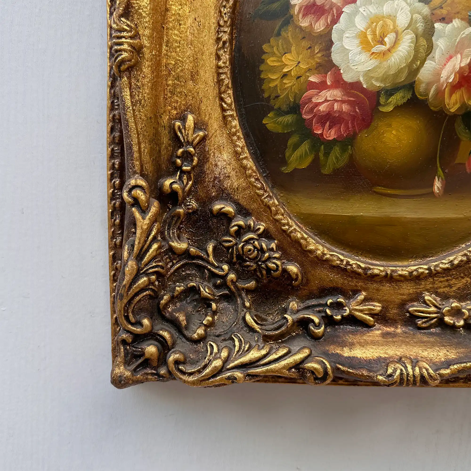 Original Rose Oil Painting, Oval Canvas with Ornate 3D Integrated Molding Baroque Gilded Frame - Vintage Oil Painting - Arden Gallery