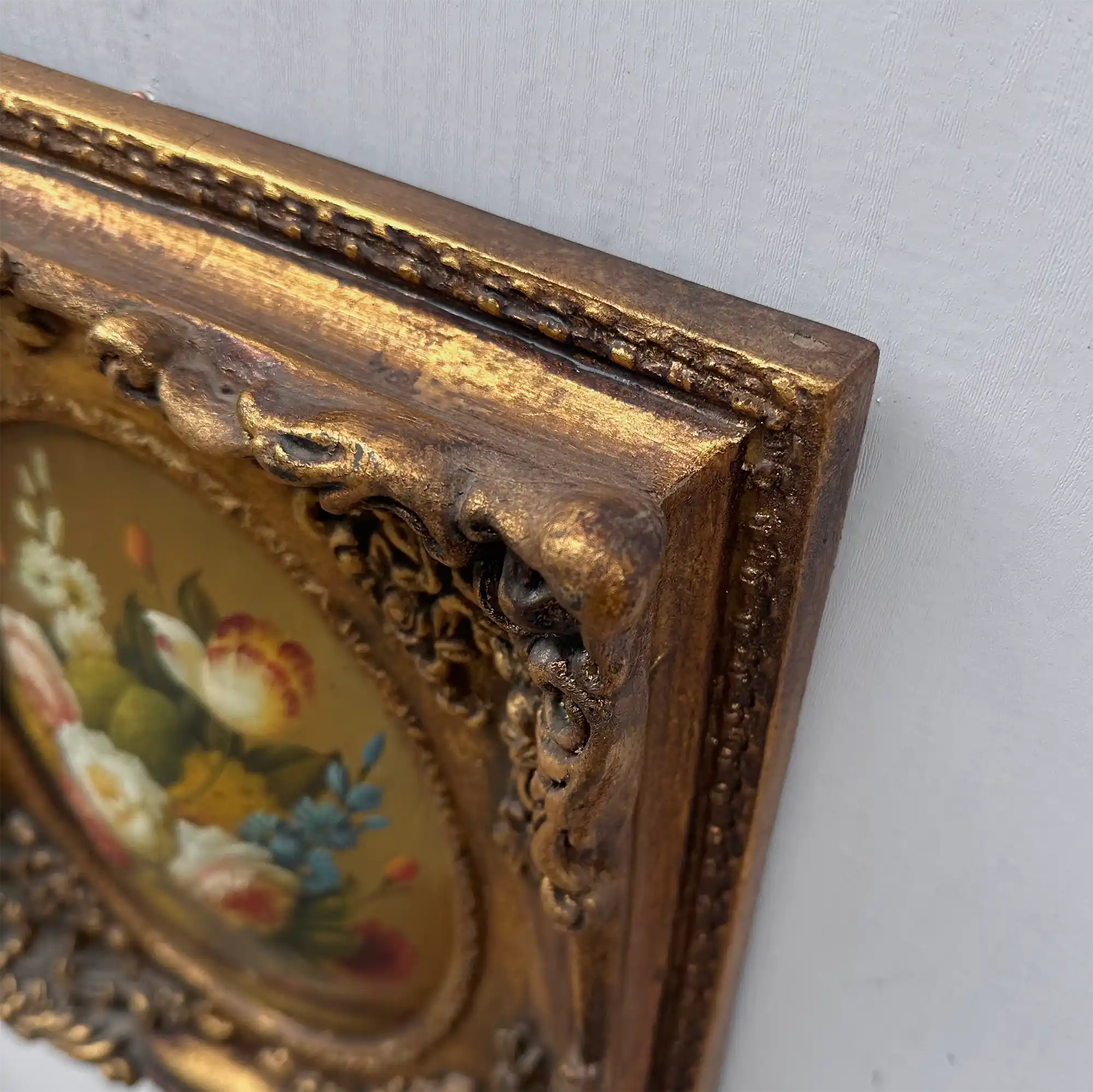 Original Rose Oil Painting, Oval Canvas with Ornate 3D Integrated Molding Baroque Gilded Frame - Vintage Oil Painting - Arden Gallery