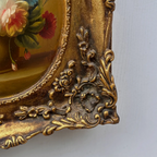Original Rose Oil Painting, Oval Canvas with Ornate 3D Integrated Molding Baroque Gilded Frame - Vintage Oil Painting - Arden Gallery