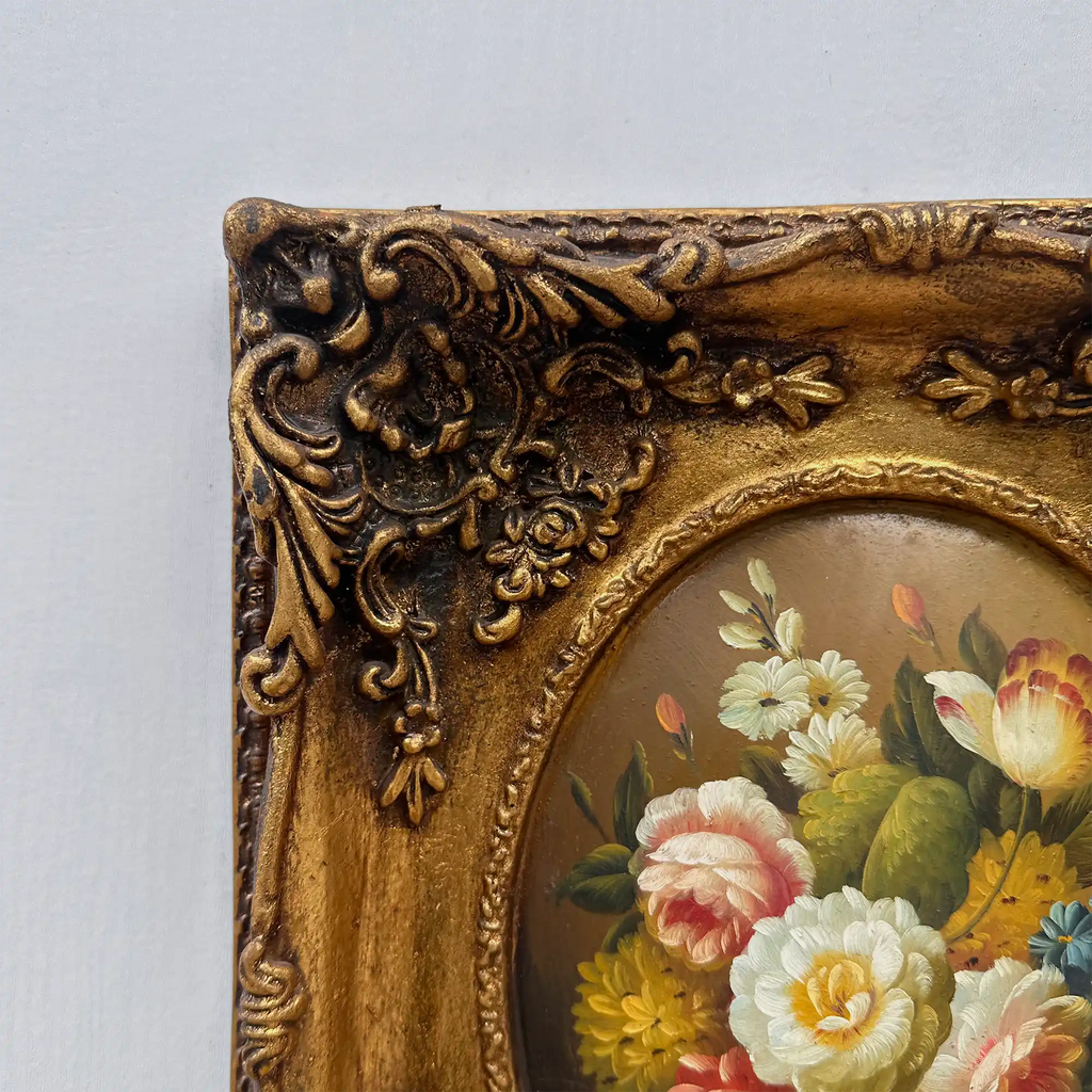 Original Rose Oil Painting, Oval Canvas with Ornate 3D Integrated Molding Baroque Gilded Frame - Vintage Oil Painting - Arden Gallery