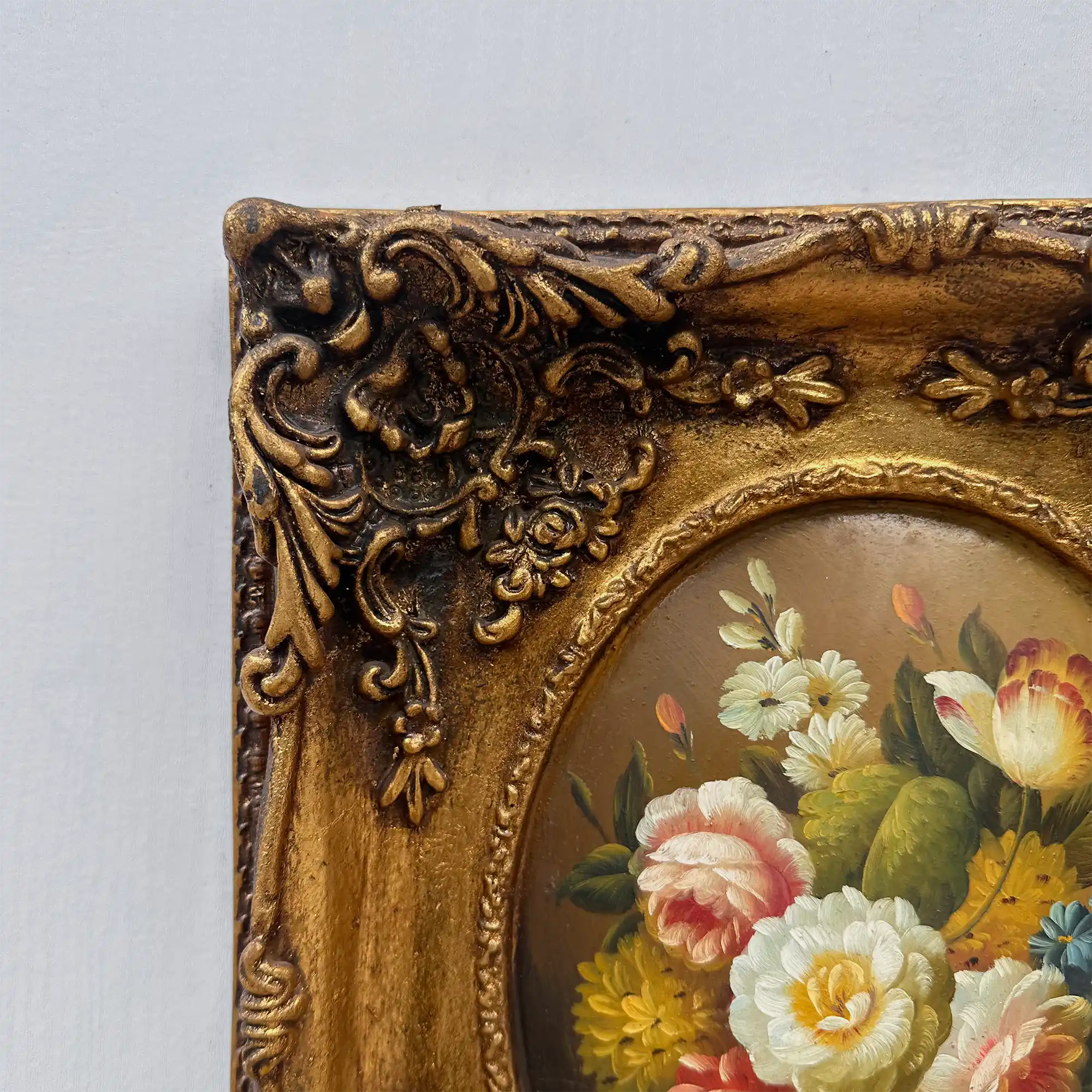 Original Rose Oil Painting, Oval Canvas with Ornate 3D Integrated Molding Baroque Gilded Frame - Vintage Oil Painting - Arden Gallery