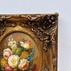 Original Rose Oil Painting, Oval Canvas with Ornate 3D Integrated Molding Baroque Gilded Frame - Vintage Oil Painting - Arden Gallery