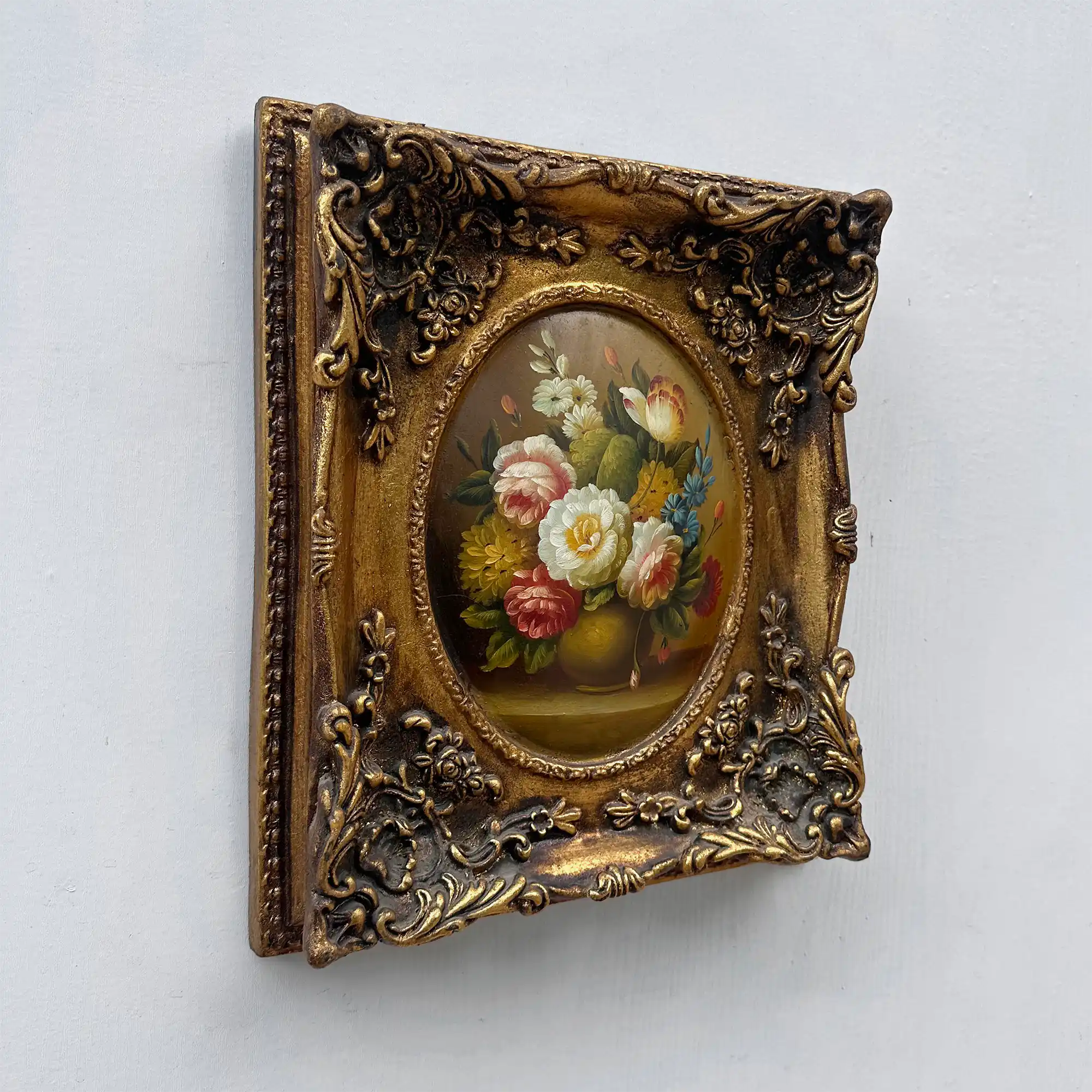 Original Rose Oil Painting, Oval Canvas with Ornate 3D Integrated Molding Baroque Gilded Frame - Vintage Oil Painting - Arden Gallery