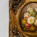 Original Rose Oil Painting, Oval Canvas with Ornate 3D Integrated Molding Baroque Gilded Frame - Vintage Oil Painting - Arden Gallery
